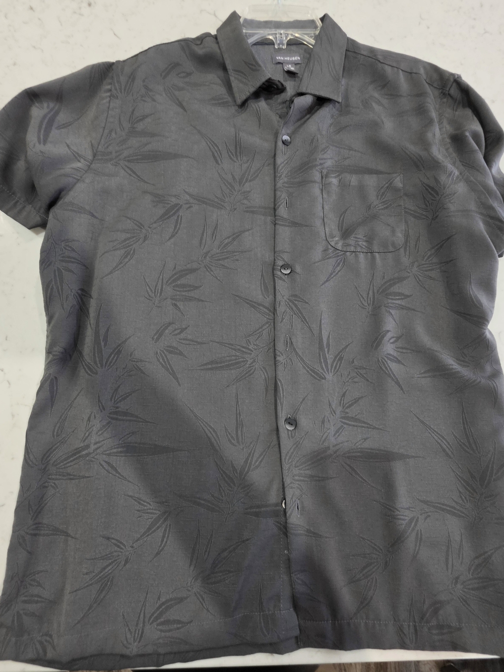 Van Heusen Short-Sleeve Button-Down Shirt - Charcoal Leaf Jacquard